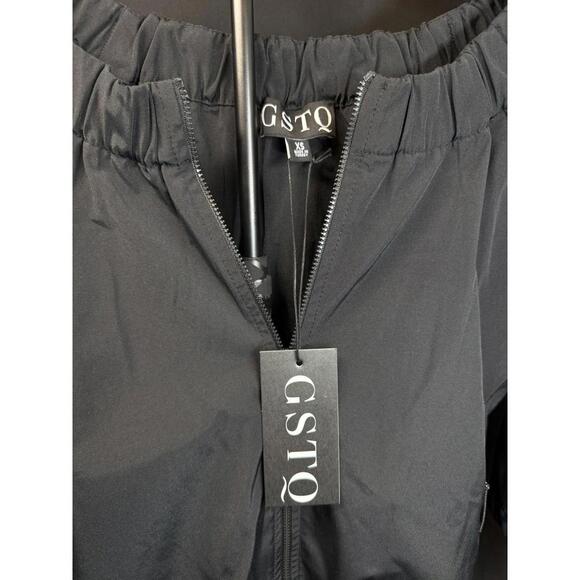 GSTQ Woven Off The Shoulder Top Womens Extra Small Black Beauty Zip Pullover New - Picture 5 of 6